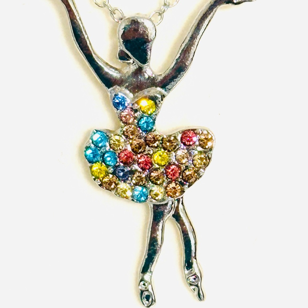 Girls Ballet Dancer Rhinestone Silvertone 2” Pendant 20” Chain Necklace NEW
